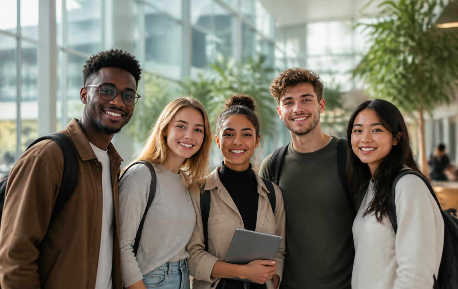 Estudantes universitários diversos em um campus internacional moderno